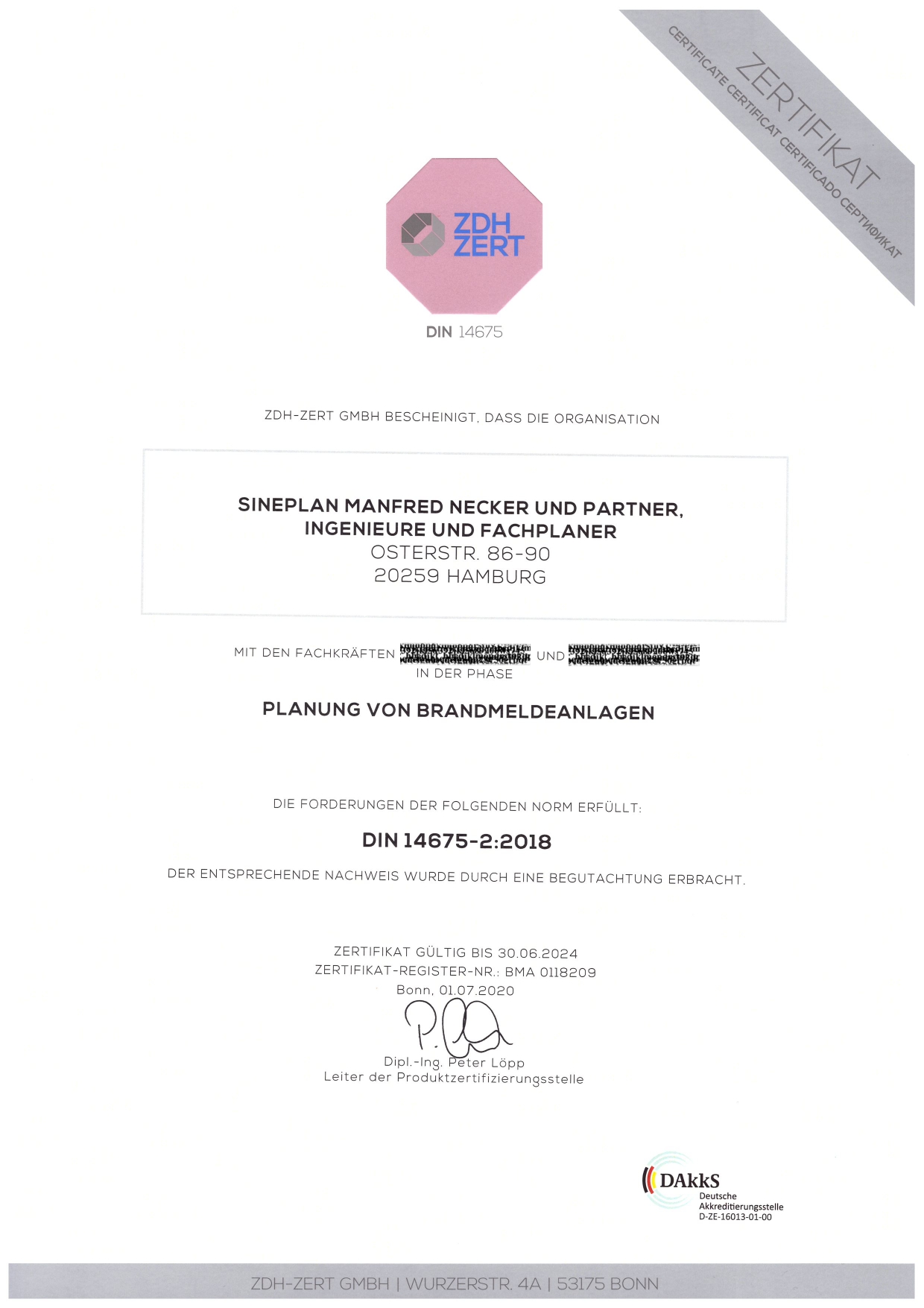 sineplan - Zertifikat ZDH 2020 Planung von Brandmeldeanlagen